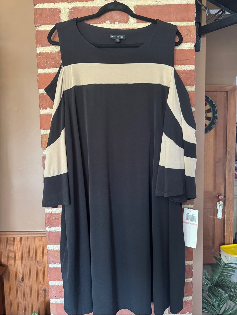 Nina Leonard Cold Shoulder Black & Tan Dress